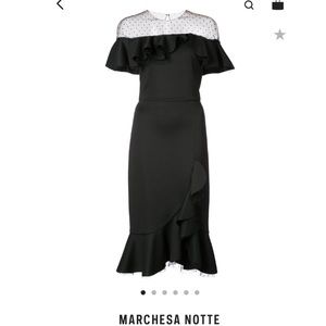 Marchesa Notte illusion ruffled midi dress